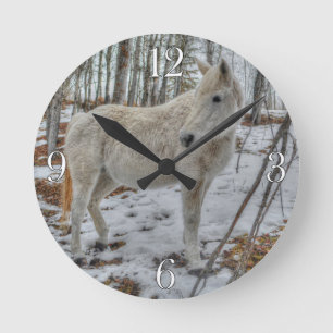 Sweet White Mare and Winter Forest Gift Round Clock