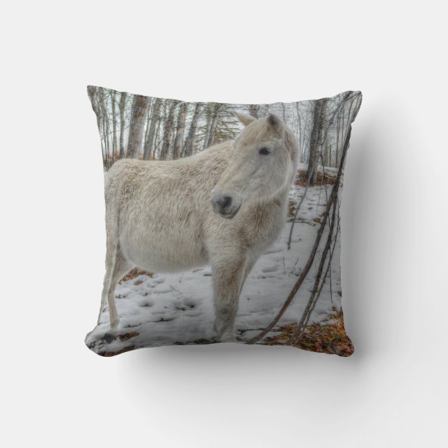 Sweet White Mare and Winter Forest Gift Throw Pillow (Front)