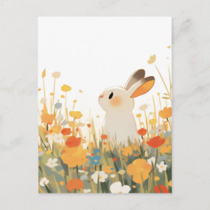Sweet White Rabbit in Sunny Wildflower Meadow Postcard