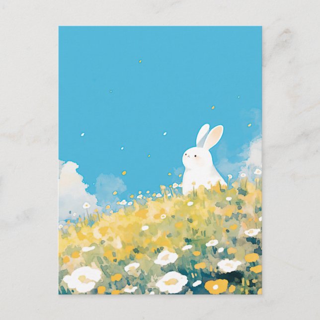 Sweet White Rabbit on Sunny Hillside Postcard (Front)