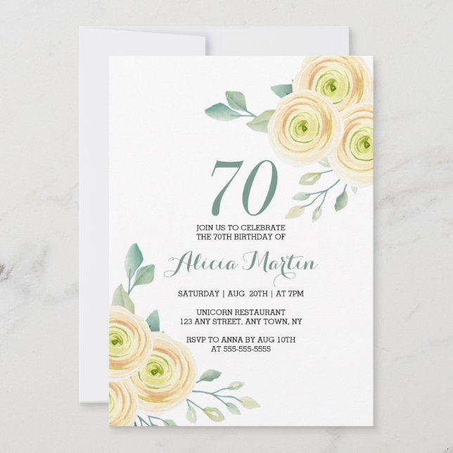 Sweet White Rose Flora Greenery 70th Birthday Invitation (Front)