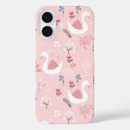 Sweet White Swans On Pastel Pink Floral Ballet iPhone 16 Case