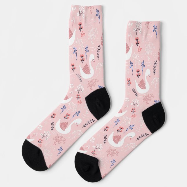Sweet White Swans On Pastel Pink Floral Ballet Socks (Left)