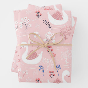 Sweet White Swans On Pastel Pink Floral Ballet Wrapping Paper Sheets
