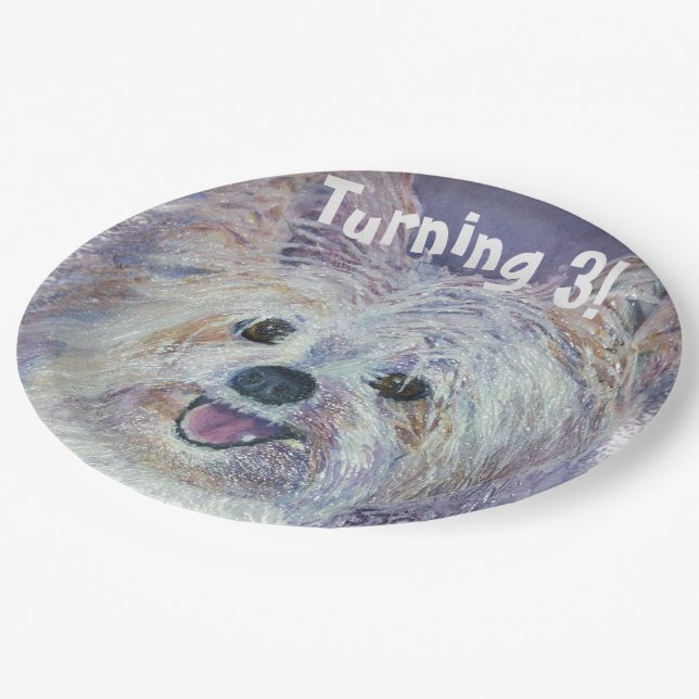 Sweet White Yorkie Turning 3 PARTY Paper Plates (Angled)