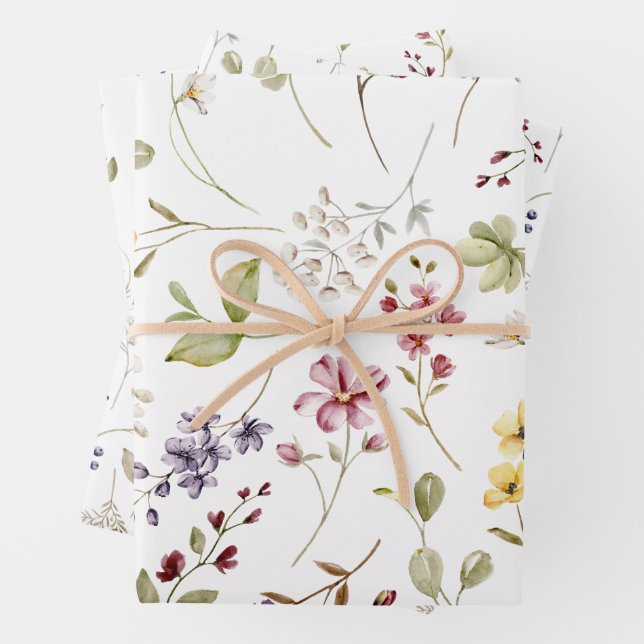 Sweet Wildflower Baby Shower Wrapping Paper Sheets (In situ)
