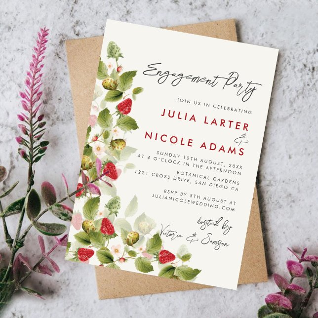 Sweet Wildflowers Strawberry Engagement Party Invitation (Creator Uploaded)