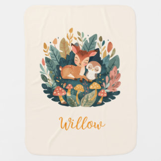 Sweet Willow Fawn and Owl Floral Woodland  Blanket