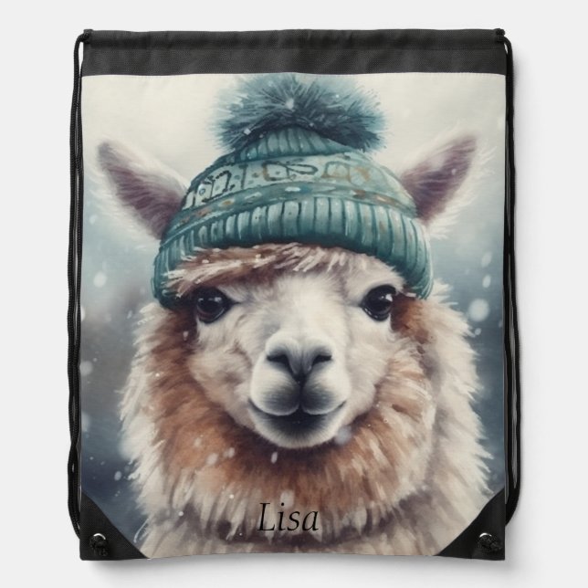 Sweet Winter Alpaca, custom Drawstring Bag (Front)