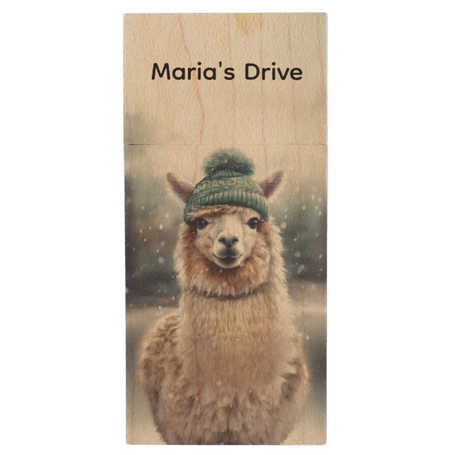 Sweet Winter Alpaca, custom Wood Flash Drive (Front Vertical)