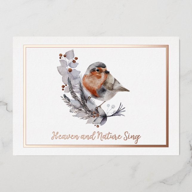 Sweet Winter bird and snow custom Christmas Foil Holiday Card (Front)