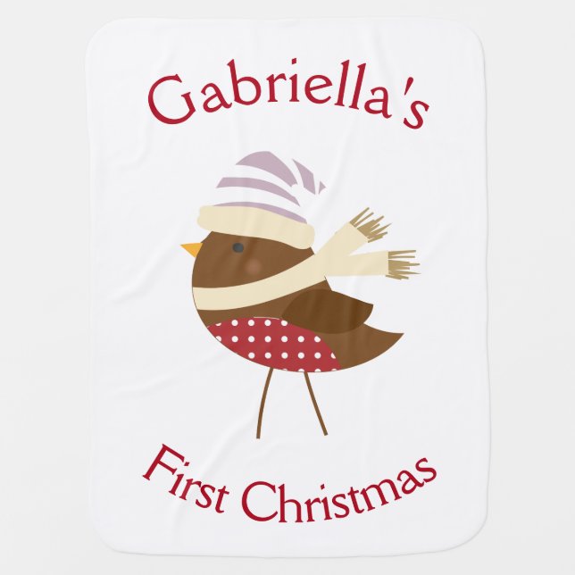 Sweet Winter Bird Baby's First Christmas Name Baby Blanket (Front)