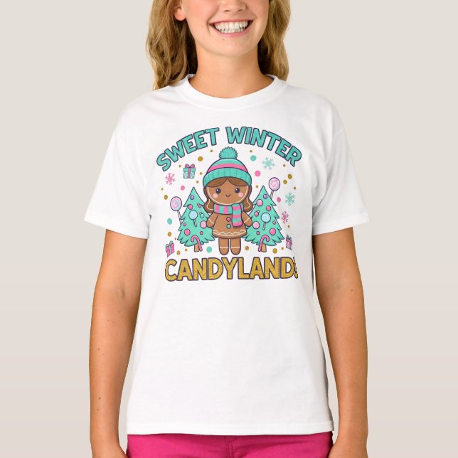 Sweet Winter Candyland Gingerbread Christmas T-Shirt (Front)