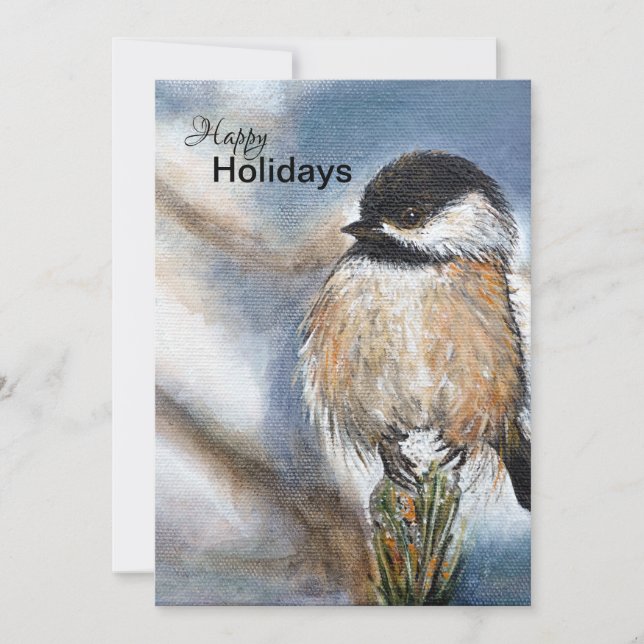 Sweet Winter Chickadee Bird On Pine Holiday Card (Front)