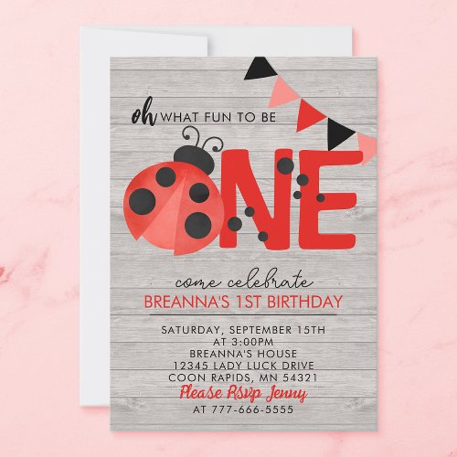 Sweet Wood Watercolor Ladybug 1st Birthday Party Invitation