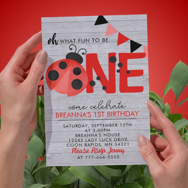Sweet Wood Watercolor Ladybug 1st Birthday Party Invitation (Watercolor Oh What Fun to Be One Light Washed Wood 1st Birthday Invitations)