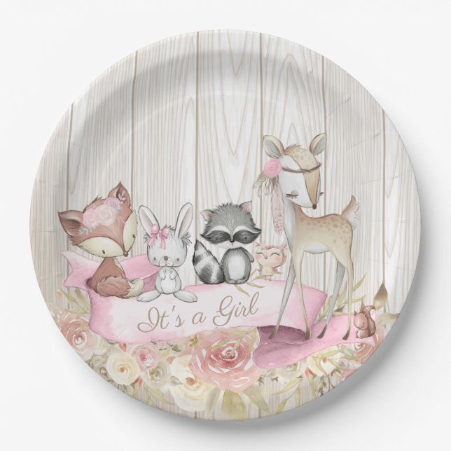Sweet Woodland Animal Girl Baby Shower Paper Plates (Front)