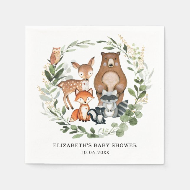 Sweet Woodland Animals Botanical Greenery Gold Napkins (Front)