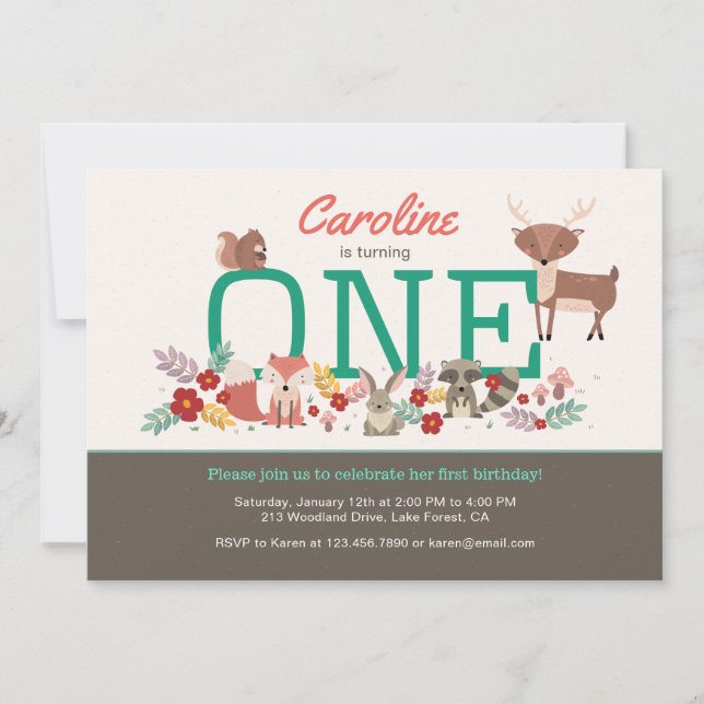 Sweet Woodland Animals First Birthday Invitation (Front)