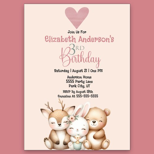 Sweet Woodland Animals Girls 3rd Birthday Invitation