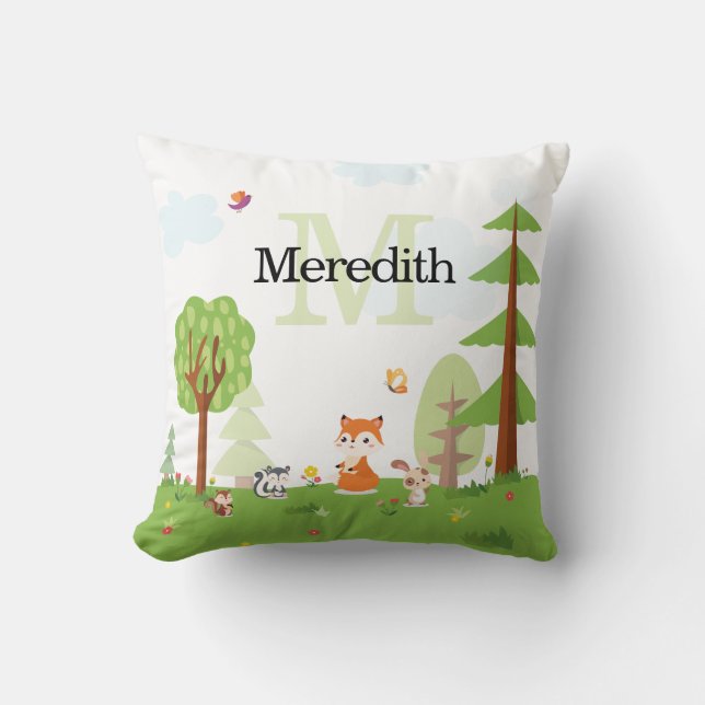 Sweet Woodland Animals Green Monogram Kids Throw Pillow (Front)