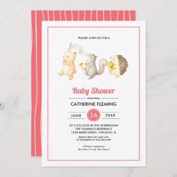 Sweet Woodland Animals  Red Pink Baby Shower  Invitation by artofmairin at Zazzle