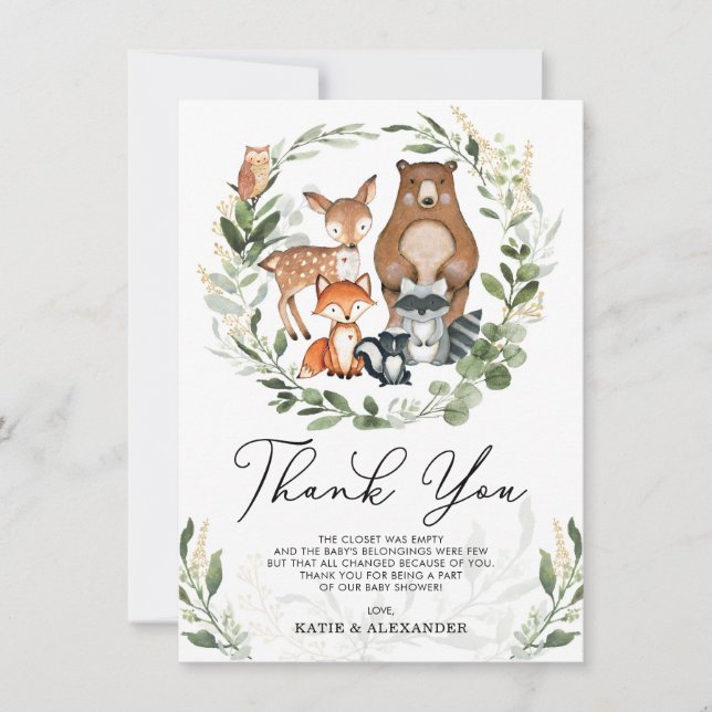 Sweet Woodland Animals Soft Greenery Gold Shower Thank You Card (Front)