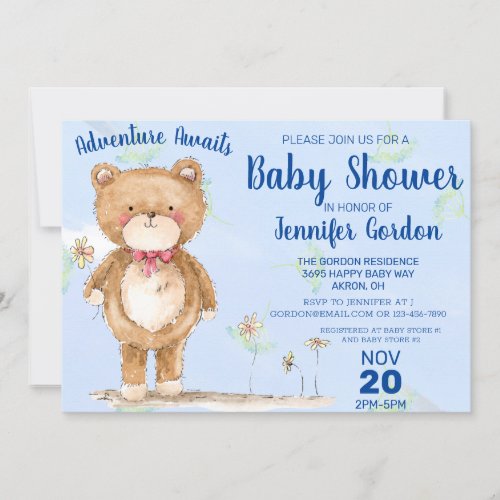 Sweet Woodland Bear Blue Boy Baby Shower Invitation