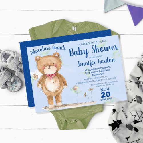 Sweet Woodland Bear Blue Boy Baby Shower  Invitation