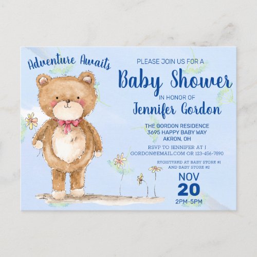 Sweet Woodland Bear Blue Boy Baby Shower Invitation Postcard