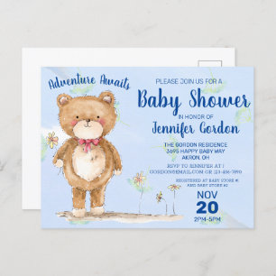 Sweet Woodland Bear Blue Boy Baby Shower Invitation Postcard