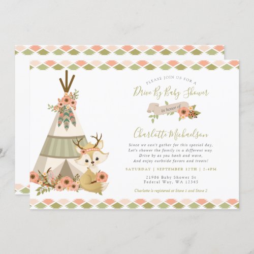 Sweet Woodland Boho Fox Drive By Baby Shower Invitation