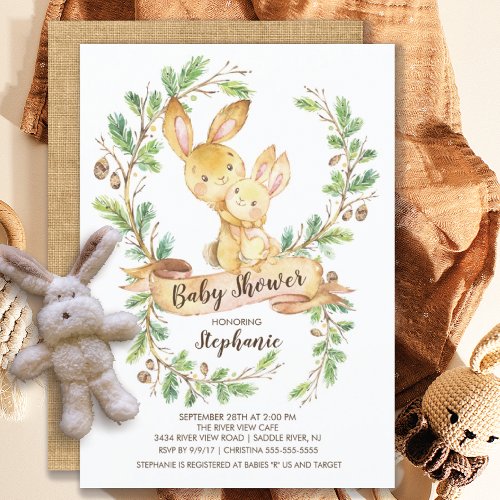 Sweet Woodland Bunny Baby Shower Invitation