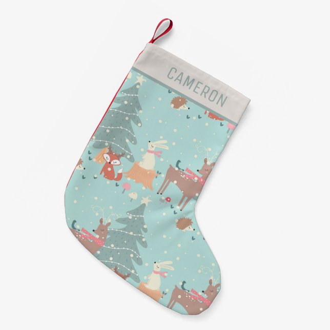 Sweet Woodland Christmas Rustic Farmhouse Blue Small Christmas Stocking (Front (Hanging))