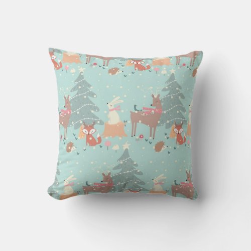 Sweet Woodland Christmas Rustic Farmhouse Blue Throw Pillow