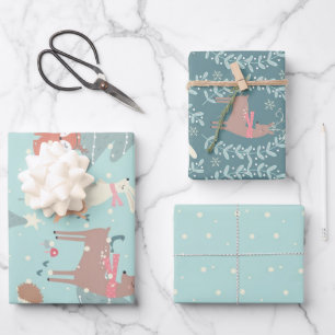 Sweet Woodland Christmas Rustic Farmhouse Blue Wrapping Paper Sheets