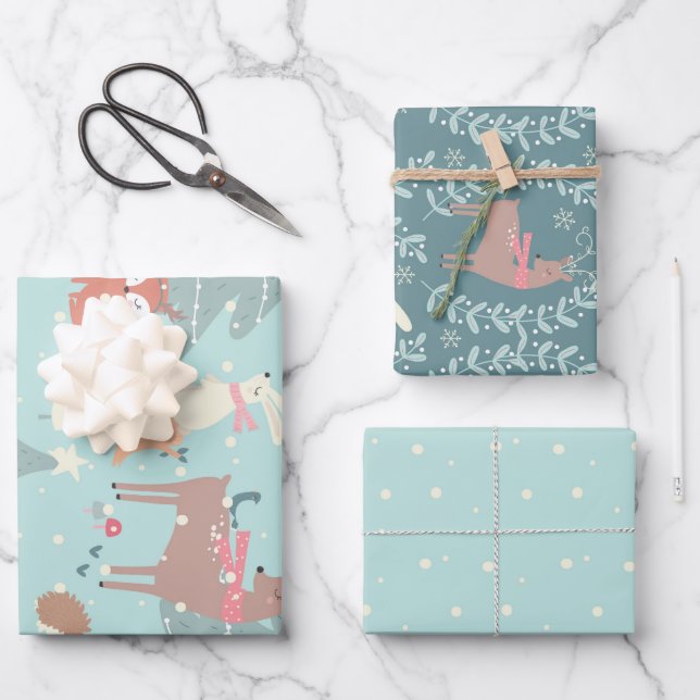 Sweet Woodland Christmas Rustic Farmhouse Blue Wrapping Paper Sheets (Front)