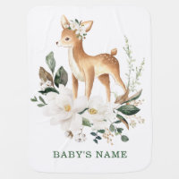 Sweet Woodland Deer Forest Fawn White Floral Baby Blanket