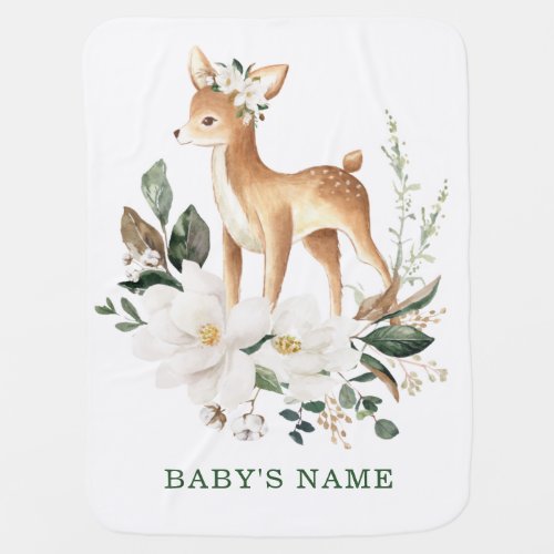 Sweet Woodland Deer Forest Fawn White Floral Baby Blanket