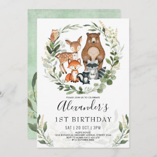 Sweet Woodland Forest Animals 1st Birthday Boy Invitation