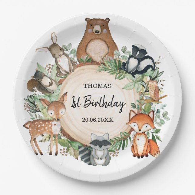 Sweet Woodland Forest Animals 1st Birthday Party Paper Plates (Front)