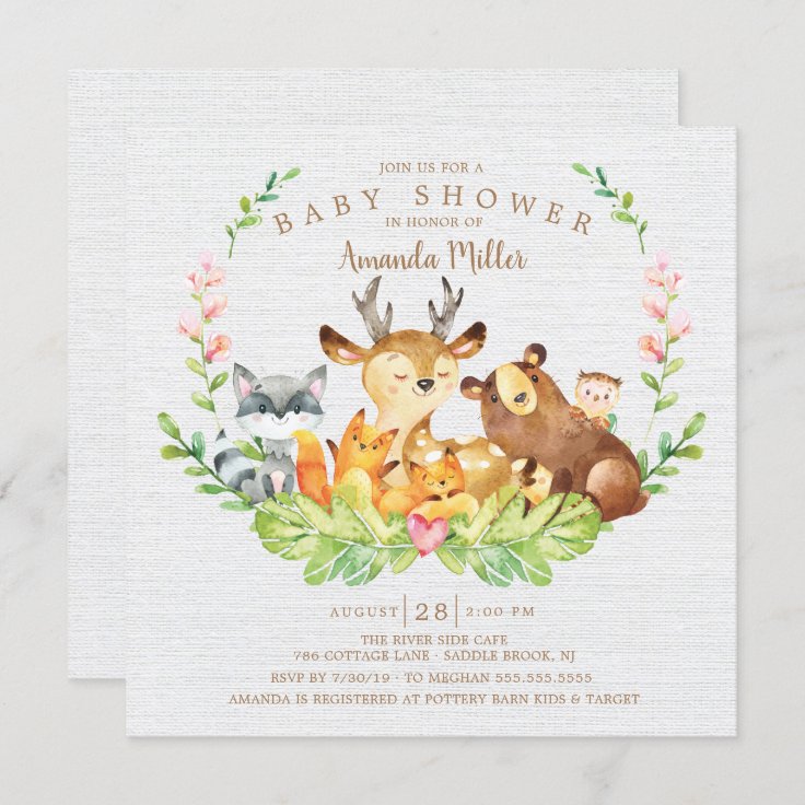 Sweet Woodland Forest Animals Baby Shower Invitation | Zazzle