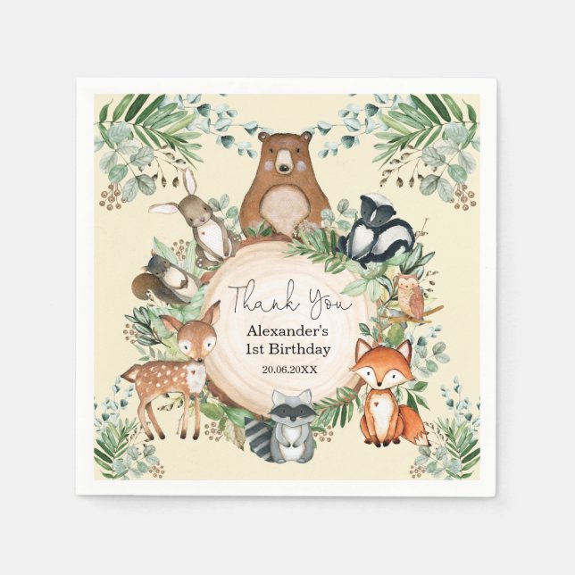 Sweet Woodland Forest Friends Birthday Party Napkins (Front)