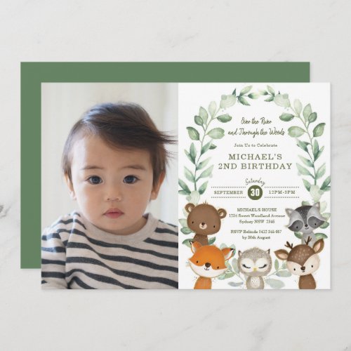 Sweet Woodland Forest Greenery Animals Birthday Invitation