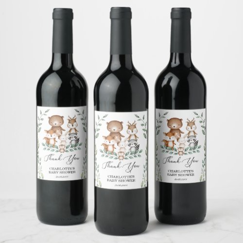 Sweet Woodland Greenery Animal Baby Shower Favors Wine Label