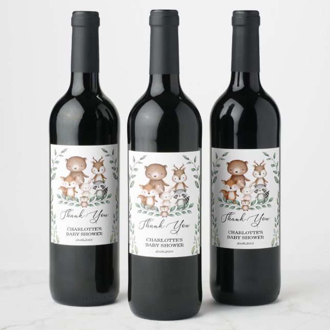 Sweet Woodland Greenery Animal Baby Shower Favors Wine Label (Bottles)