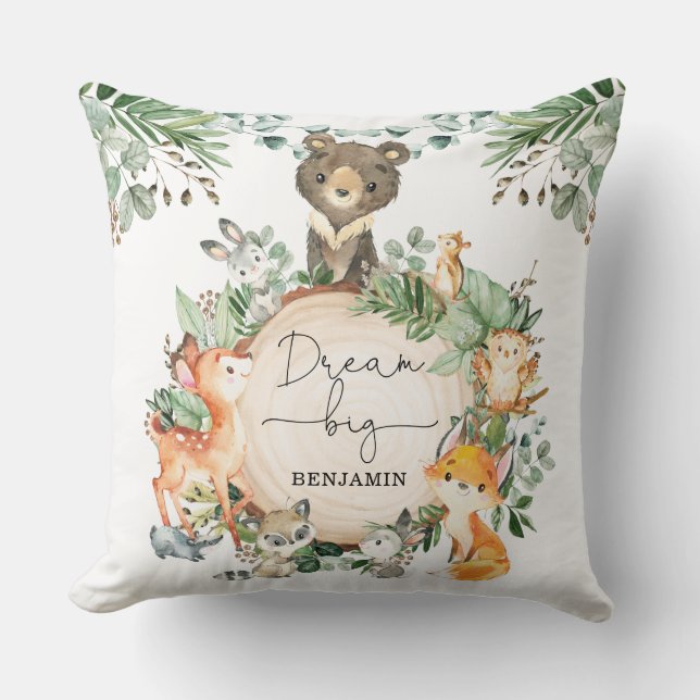 Sweet Woodland Greenery Baby Animals Nursery Throw Pillow (Front)