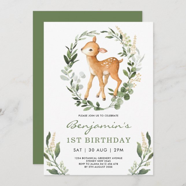 Sweet Woodland Greenery Forest Baby Deer Birthday Invitation (Front/Back)