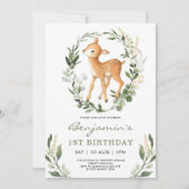 Sweet Woodland Greenery Forest Baby Deer Birthday Invitation (Front)