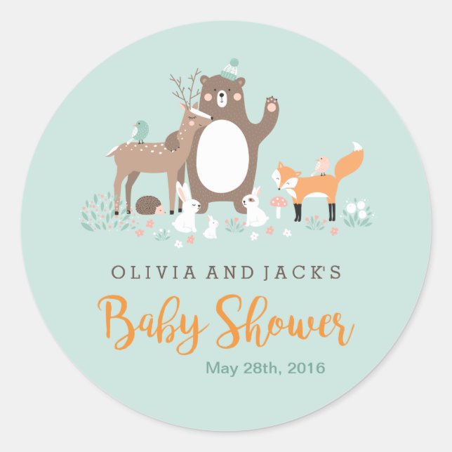 Sweet woodland Mint and Orange Baby Shower Sticker (Front)